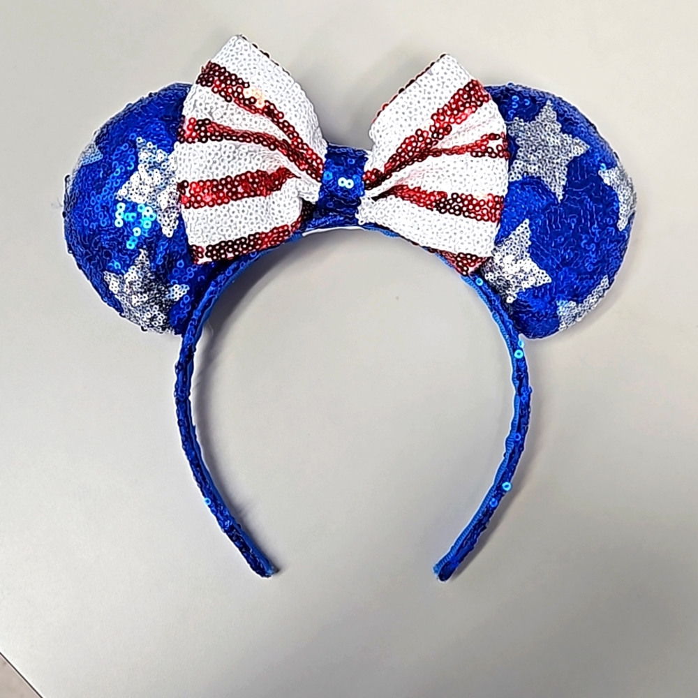 DISNEY Metallic Sequined Patriotic Minnie Mouse Ears Red White and Blue Headband